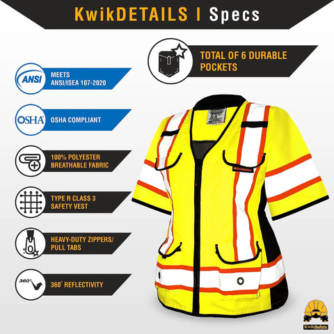 Women's Hi-Vis Class 3 Safety Vest In Bright Yellow With Relaxed Fit And Five Sturdy Cargo Pockets Built Different For The Daily Grind With Reflective Tape And No Hassle Hook And Loop Closures For Top Shelf Jobsite Gear, showcasing six durable pockets.