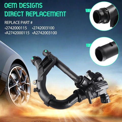 Premium Cooling System Water Pump Thermostat For Mercedes Benz C200 C300 E300 Glc250 Glc300, detailed view of black plastic assembly.