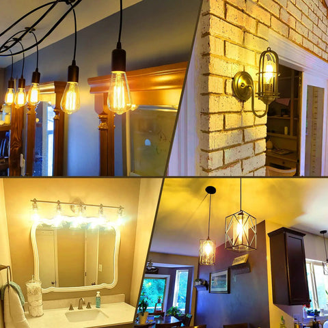 Cozy Dimmable E26 LED Edison Bulbs 60W Equivalent, 2700K Soft Warm Glow in bathroom and kitchen lighting fixtures.