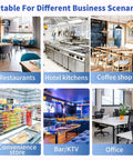 Six images showing spaces like restaurants, hotel kitchens, coffee shops, convenience stores, bars, and offices.