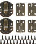 Retro Antique Bronze Small Box Hinges Kit For Wooden Boxes And Jewelry Boxes With Latches And Screws displayed on white background
