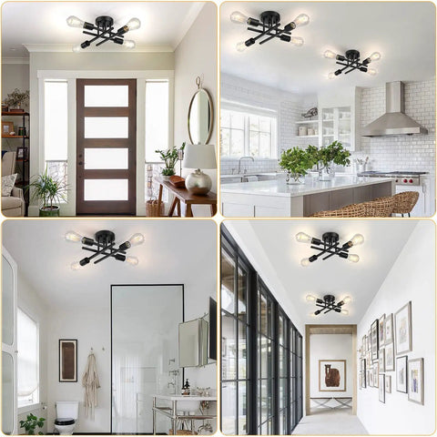 Industrial Four Light Semi Flush Mount Ceiling Light Fixture Matte Black Rustic Sputnik Chandelier in various room settings