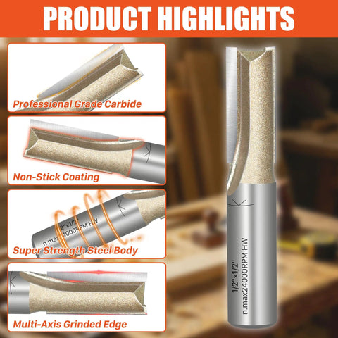 Killer Straight Router Bit Featuring 1/4 Inch Shank And 3/4 Inch Cutting Diameter, professional grade carbide, non-stick coating, super strength steel body.