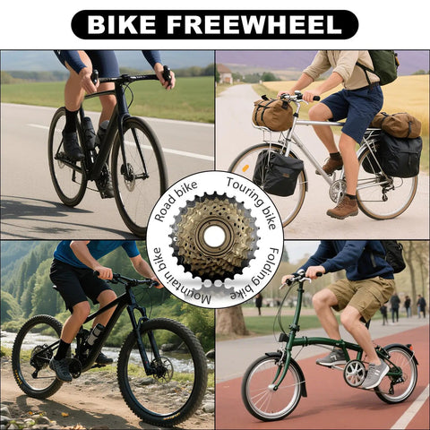 Cyclists using 7 Speed Screw On Freewheel For Bikes TZ500-7 14-28 Tooth Gears Durable Steel Cogs on various bike types.