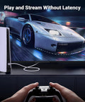 Gamer using a 90 Degree Right Angle Cat6 Ethernet Cable 10 Ft White Low Profile For Tight Spaces And Hidden Installations while playing a racing game on a console connected to a television.