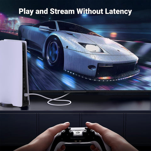 Gamer using a 90 Degree Right Angle Cat6 Ethernet Cable 10 Ft White Low Profile For Tight Spaces And Hidden Installations while playing a racing game on a console connected to a television.
