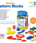 Wooden Pattern Blocks Set For Kids And Classrooms with 250 colorful pieces in 1 cm thickness, tangram puzzle manipulatives visible.