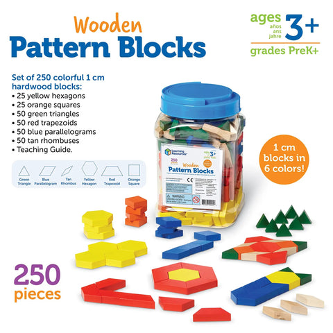 Wooden Pattern Blocks Set For Kids And Classrooms with 250 colorful pieces in 1 cm thickness, tangram puzzle manipulatives visible.