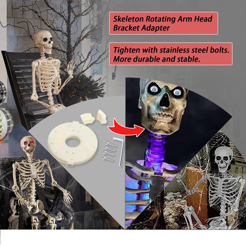 Rotating Arm Plate With Head Bracket Repair Kit for 12 Foot Giant Skeleton Replacement displayed with steel bolts and arm adapter