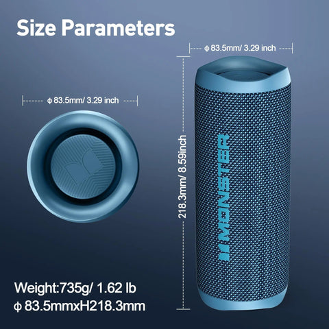 Beast 60W Portable Outdoor Bluetooth Speaker With True Wireless Stereo, shown in blue, 218mm tall, 83mm diameter.