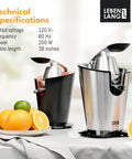 Lifetime 200 Watt Stainless Steel Electric Citrus Juicer With Lever Press BPA Free 10 Oz Juice Cup in use with oranges and limes.
