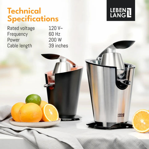 Lifetime 200 Watt Stainless Steel Electric Citrus Juicer With Lever Press BPA Free 10 Oz Juice Cup in use with oranges and limes.
