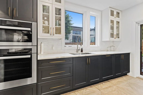 Five Inch 128mm Hole Centers Zinc Alloy Cabinet Pull In Champagne Bronze Finish on black kitchen cabinets