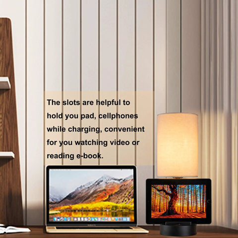 Bedside Table Lamp With Three USB Ports And AC Outlet Cream, next to laptop and tablet on wooden desk