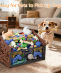 Dog with bone near Spacious Wood Dog Toy Basket And Storage Bin For Pets Large Toy Box Keeps Living Room Clean Like A Boss