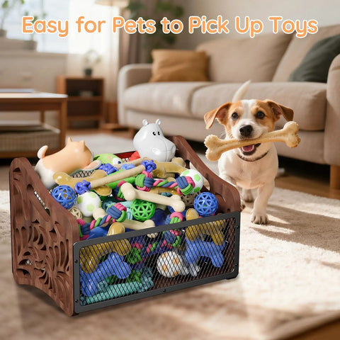 Dog with bone near Spacious Wood Dog Toy Basket And Storage Bin For Pets Large Toy Box Keeps Living Room Clean Like A Boss