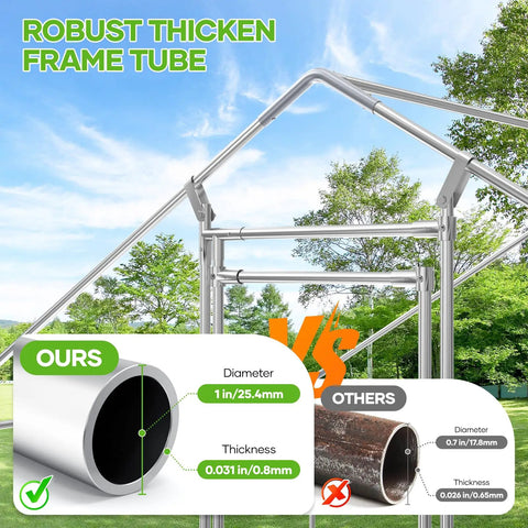 Diagram showing frame tube thickness for Large Metal Chicken Coop Walk In Runs 10x20 Feet with security lock outdoor poultry pen.