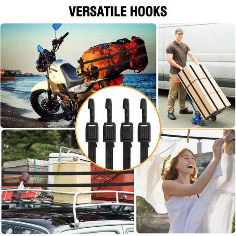 Heavy Duty Bungee Cords With Hooks 40 Inch Flat Adjustable Rubber Black Straps With Buckle Hooks For Outdoor Camping Tarps Bike Rack Tent Truck 4 Pack Bundle securing various outdoor items