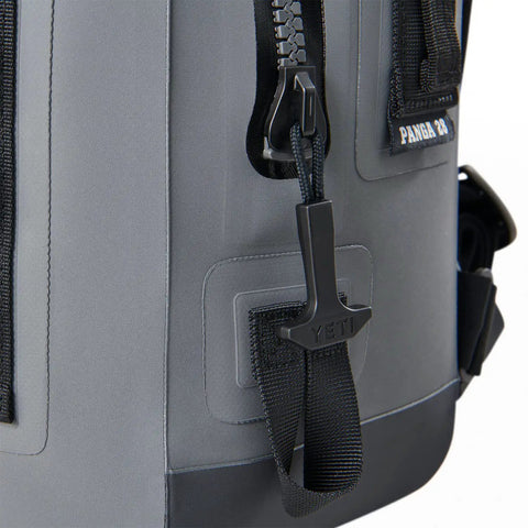 Close-up of zipper and clip on Panga 28 Airtight Waterproof Submersible Backpack With DryHaul Ergonomic Straps in Storm Gray