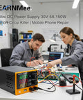 Technicians using Variable DC Power Supply 30V 5A Benchtop Lab Power Source with 4-digit display in electronics lab