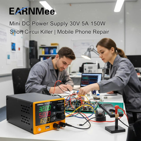 Technicians using Variable DC Power Supply 30V 5A Benchtop Lab Power Source with 4-digit display in electronics lab