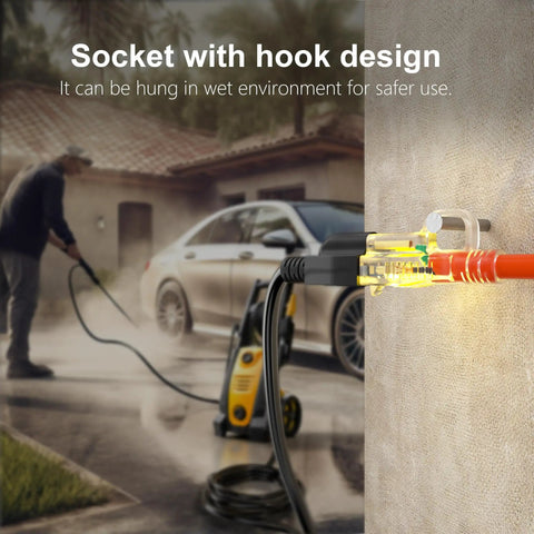 Heavy Duty Outdoor Extension Cord 100 Ft With Lighted End, orange cord with socket and hook design, used near a car in wet conditions.