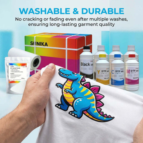 All In One Direct To Film Printing Kit With CMYK Plus White Ink includes DTF powder, film roll, and ink bottles