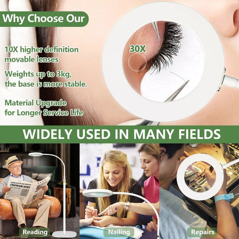 10X And 30X Floor Magnifier With Light For Close Work Pro Grade Standing Magnifying Lamp in use for various tasks including reading and repairs.