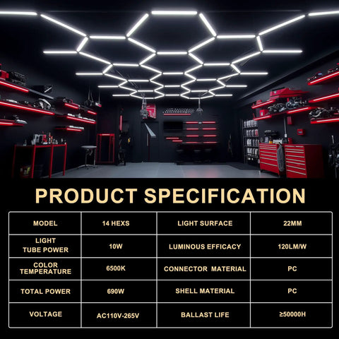 Hexagon LED Garage Lights Kit Pro Grade With 69 Pack Tubes, ultra bright 6000K ceiling lighting in auto detailing shop