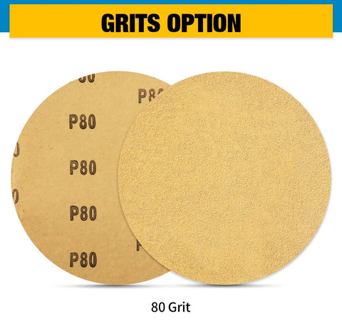 S SATC 80 Grit PSA sanding discs, 6-inch adhesive-backed aluminum oxide rounds; two discs, gold-colored.