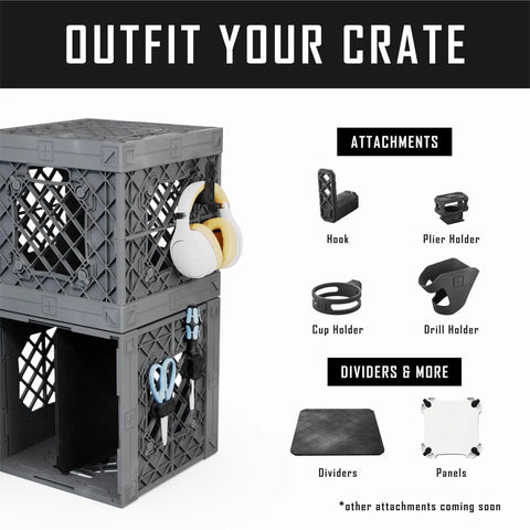 UC01 Modular Collapsible Crates 3 Pack in Gray with attachments shown, stackable design for garage, closet, office.