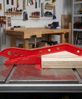Heckuva Woodworking Push Stick With Safety Block For Table Saw Router Or Band Saw Shop Gear featuring a red ABS design and ergonomic handle.
