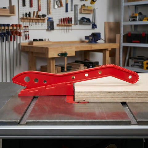 Heckuva Woodworking Push Stick With Safety Block For Table Saw Router Or Band Saw Shop Gear featuring a red ABS design and ergonomic handle.