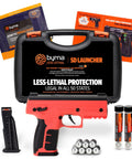 Top Shelf Non Lethal Kinetic Launcher Setup For Real Talk Home Defense And Street Smart Personal Protection With Sticky Honeycomb Grip Fast Aim Optics Orange Design Proudly Made In Usa in case with orange and black design.