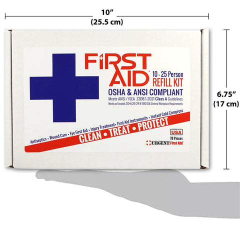 Amazon First Aid Kit refill box for 25 people, 78 pieces, white with blue cross label, front view