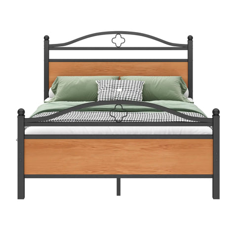 Rock Solid Full Bed Frame With Integrated Headboard, Hella Sturdy Steel Slat Base, Massive Under Bed Storage, front view with green bedding.