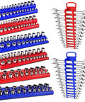 Eight Piece Socket Organizer Set With Six Socket Trays And Two Wrench Racks For One Quarter Inch Three Eighths Inch And One Half Inch Sockets And Metric SAE Tools For Your Garage Or Toolbox
