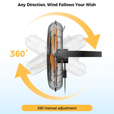 18 Inch Outdoor Wall Mount Fan With 600D Oxford Cover Dustproof Weatherproof IPX4 Waterproof For Patios And Garages showing 360° adjustment