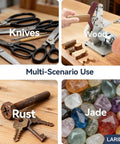Rugged Mini Belt Sander And Auto Knife Sharpener Buffer Gear With Badass 150 Watt Copper Motor And Smooth Seven Speed Forward Reverse Switch For Wood Metal Acrylic Carving And Home Workshop Renovation showcased in various project scenarios.