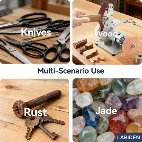 Rugged Mini Belt Sander And Auto Knife Sharpener Buffer Gear With Badass 150 Watt Copper Motor And Smooth Seven Speed Forward Reverse Switch For Wood Metal Acrylic Carving And Home Workshop Renovation showcased in various project scenarios.
