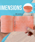 Hands holding Waterproof Shower Membrane Strip 5 Inch by 98.5 Feet, 4 Mils Thick, showing dimensions and cantaloupe color