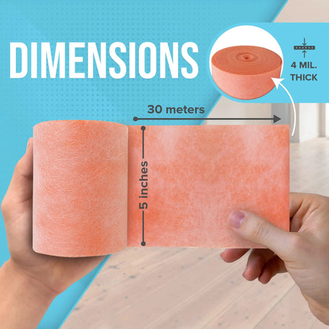 Hands holding Waterproof Shower Membrane Strip 5 Inch by 98.5 Feet, 4 Mils Thick, showing dimensions and cantaloupe color