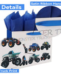 Monster Truck Gift Bags Set With Greeting Card And Tissue Paper For Boys Birthday Parties Baby Showers And Kids Events 13 Inch By 5 Inch By 10 Inch 1 Pack featuring truck print and satin ribbon handle