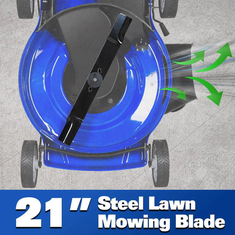 Gas Powered 21 Inch Lawn Mower With 201cc 4 Cycle Engine 3 In 1 Mowing With Bagging Mulching And Side Discharge Easy Start And Adjustable Eight Position Cutting Height For Lawn Yard And Garden Workhorse, 21-inch steel mowing blade