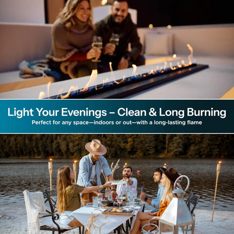 Outdoor dining scene with tiki torches and odorless clean burning tiki torch fuel for outdoor torches and lanterns.