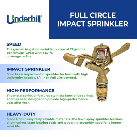 Brass Impact Sprinkler Head For Yard And Garden Full Circle Coverage Up To Fifty Seven Feet Heavy Duty Metal Irrigation Sprayer diagram