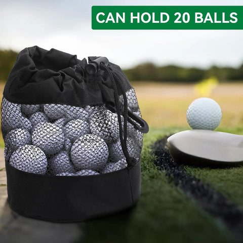 2 Pack Go-To Golf Ball Storage Bags With Nylon Mesh Pouches Drawstring Golf Bag on grass with balls inside, holds 20 balls
