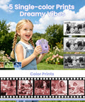 Totally Fun Kids Instant Print Camera With 1080P HD Photo Quality And On The Go Printing In Five Color Options For Playful Everyday Moments And Keepsakes Your Family Will Forever Love., purple kids instant print camera with color print samples and black-and-white photo frames