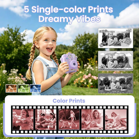 Totally Fun Kids Instant Print Camera With 1080P HD Photo Quality And On The Go Printing In Five Color Options For Playful Everyday Moments And Keepsakes Your Family Will Forever Love., purple kids instant print camera with color print samples and black-and-white photo frames