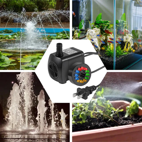 Water Fountain Pump With LED Lights 15W For Aquariums And Ponds, 260GPH Flow, 110V Power, Includes 12 LED Beads With Auto Color Change